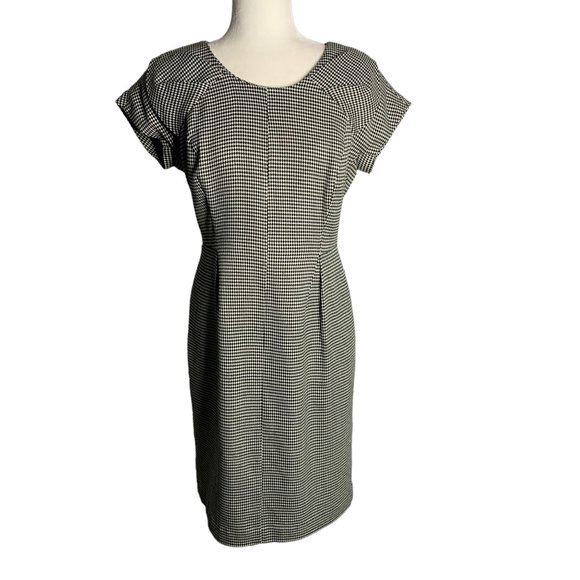 Worthington Diamond Pattern Sheath Dress 10 Black White Lined Short Sleeve Zip - Picture 1 of 6